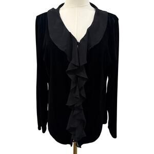 Jaclyn Smith Black Velvet Ruffle V Neck Long Sleeve Top Large Whimsigoth Witchy